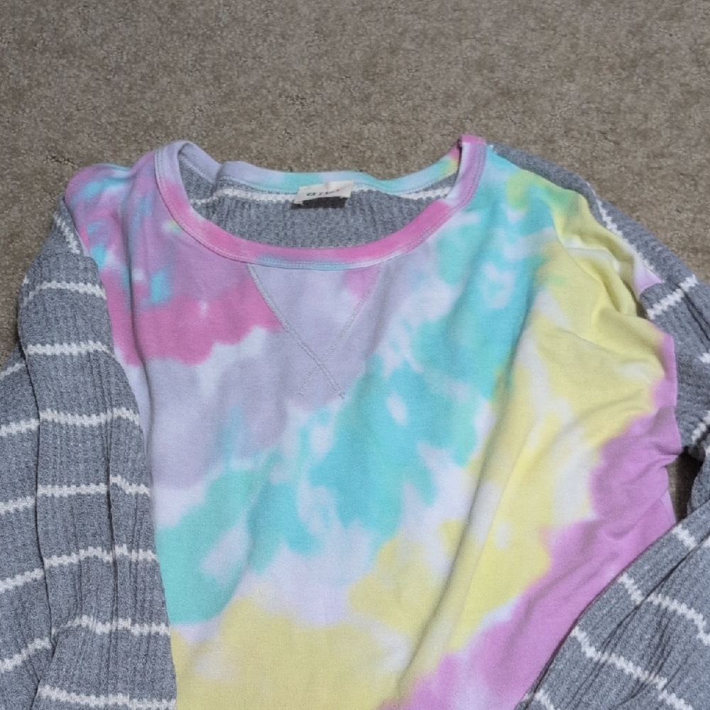 BiBi Tie-Dye Sweatshirt with Gray Striped Sleeves